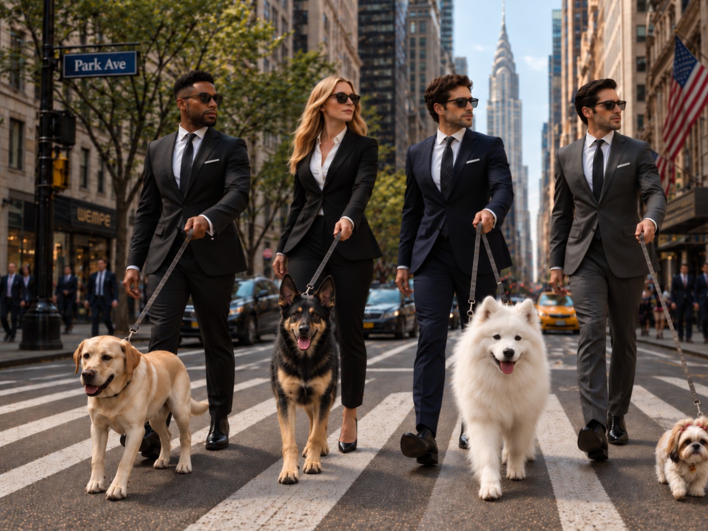 Saber Jets walking dogs on Park Avenue: Jett, Becca, Peter, and Rex